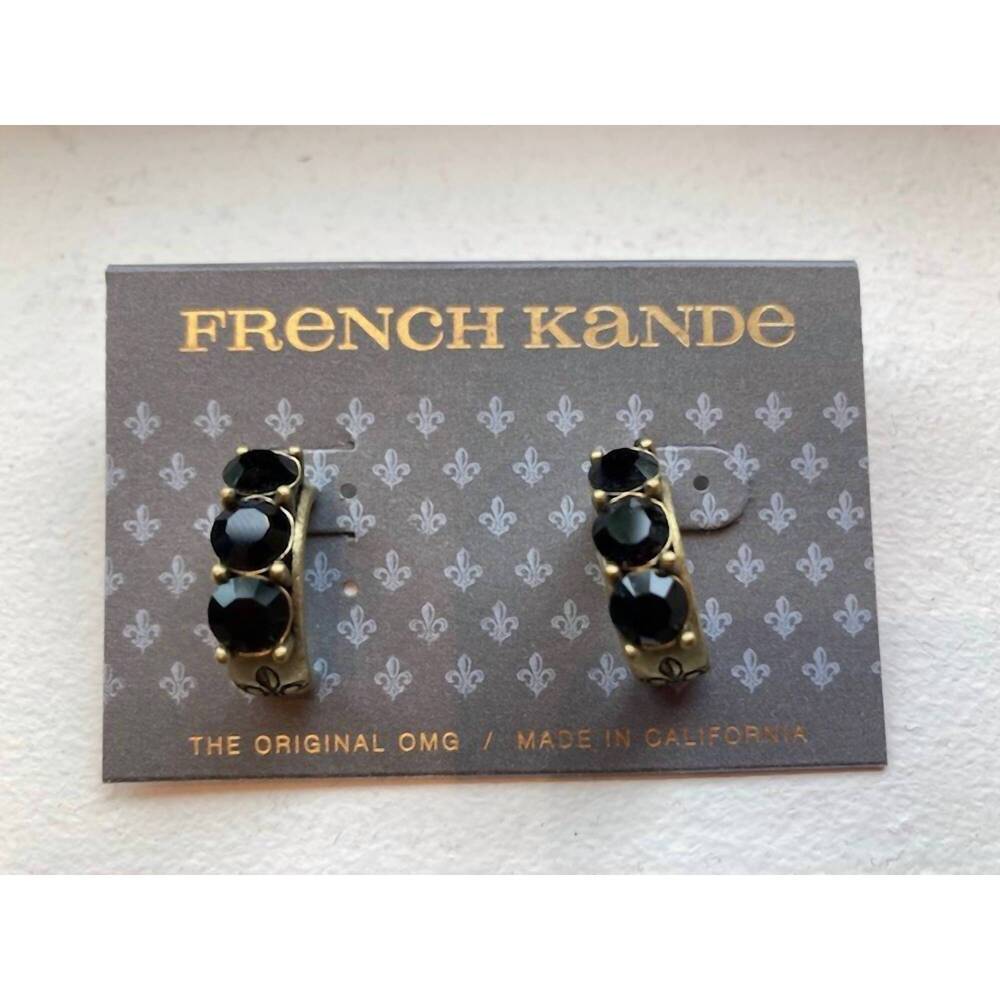 NEW FRENCH KANDE huggie earring with austrian crystal in jet and brass - Picture 1 of 2